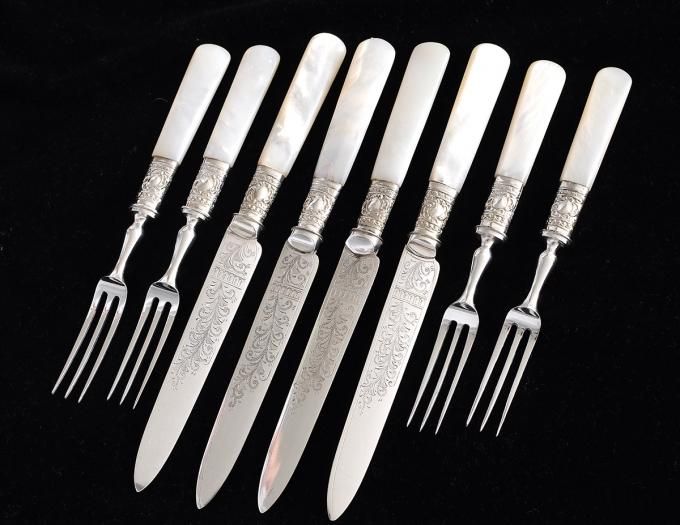 【 Allen & Darwin 】【白蝶貝】ビクトリアン デザート 4本 シルバープレート】白蝶貝のデザートカトラリー4組8本