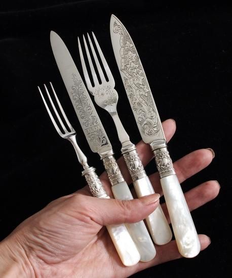 シルバープレート】白蝶貝のデザートカトラリー4組8本