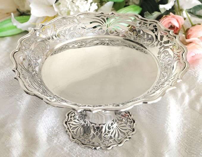 純銀　英国製　アンティーク　ピアスコンポート SOLD◇英国アンティーク銀器【純銀】1905年 ピアスドコンポート/透かし