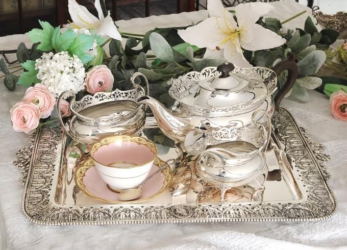 英国製　純銀　アンティーク ティーセット 3点セット 英国アンティーク銀器【純銀】ティーセット3点 Edinburgh