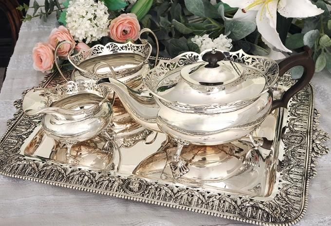 英国アンティーク銀器【純銀】1921年 透かしリムのティーセット