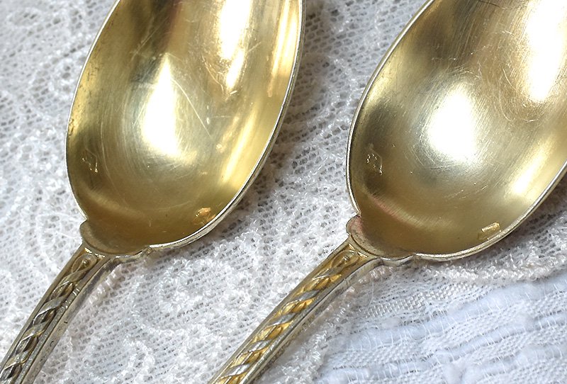 仏アンティーク銀器【銀950】ヴェルメイユの美装飾ティースプーン２本 
