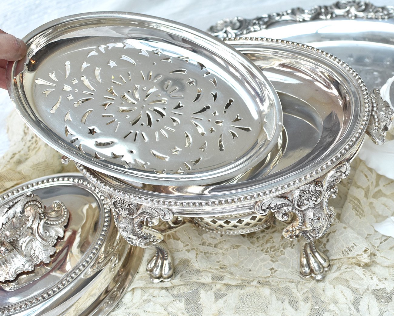 【純銀】 英国アンティーク 透し細工 スターリングシルバー ディッシュ 深皿