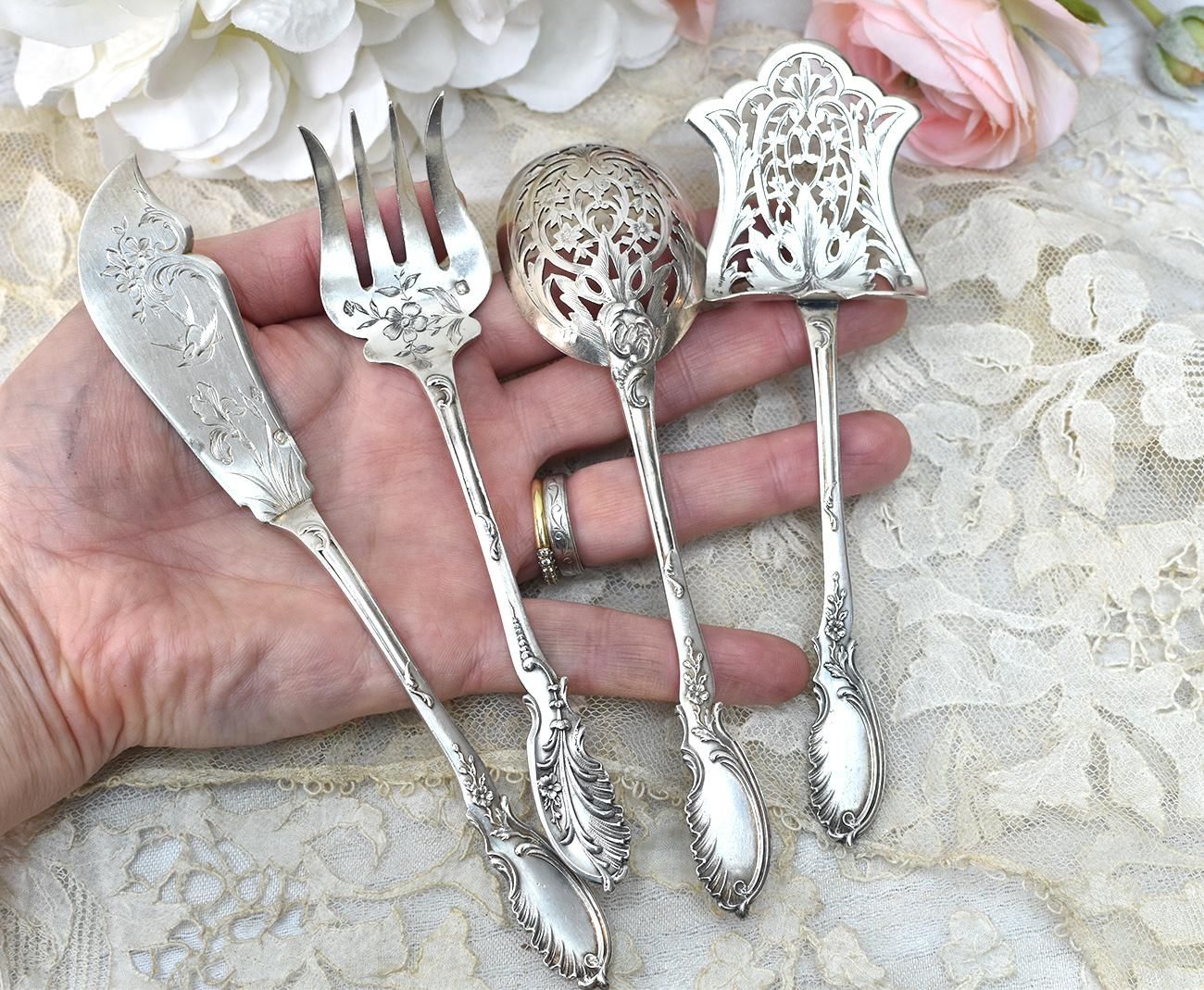 仏アンティーク銀器【銀950（純銀95%)】サービング4点セット Louis