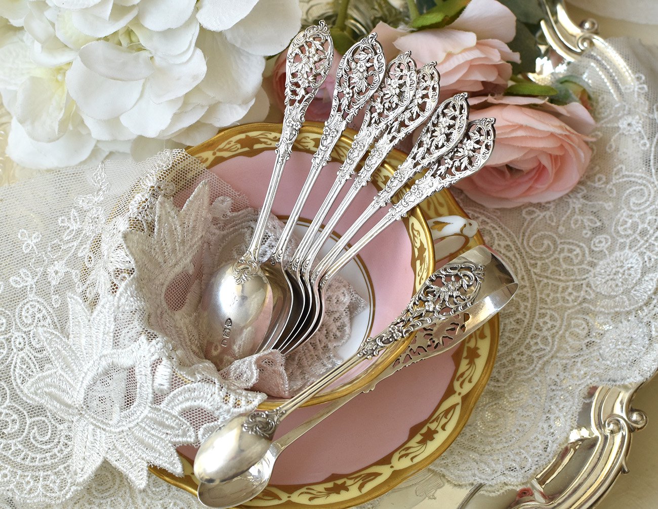 英国アンティーク銀器【純銀】美装飾透かしのティースプーン6本+ 