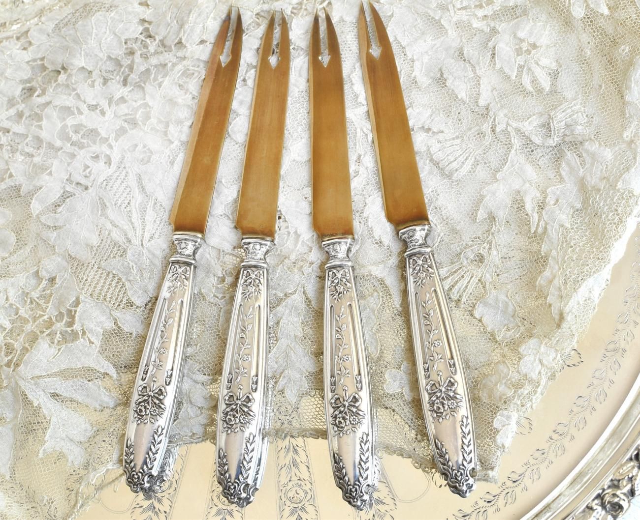 【仏蘭西】 パールとアカンサス デザートナイフ 6本【シルバープレート】 仏蘭西】 パールとアカンサス デザートナイフ 6本【シルバー