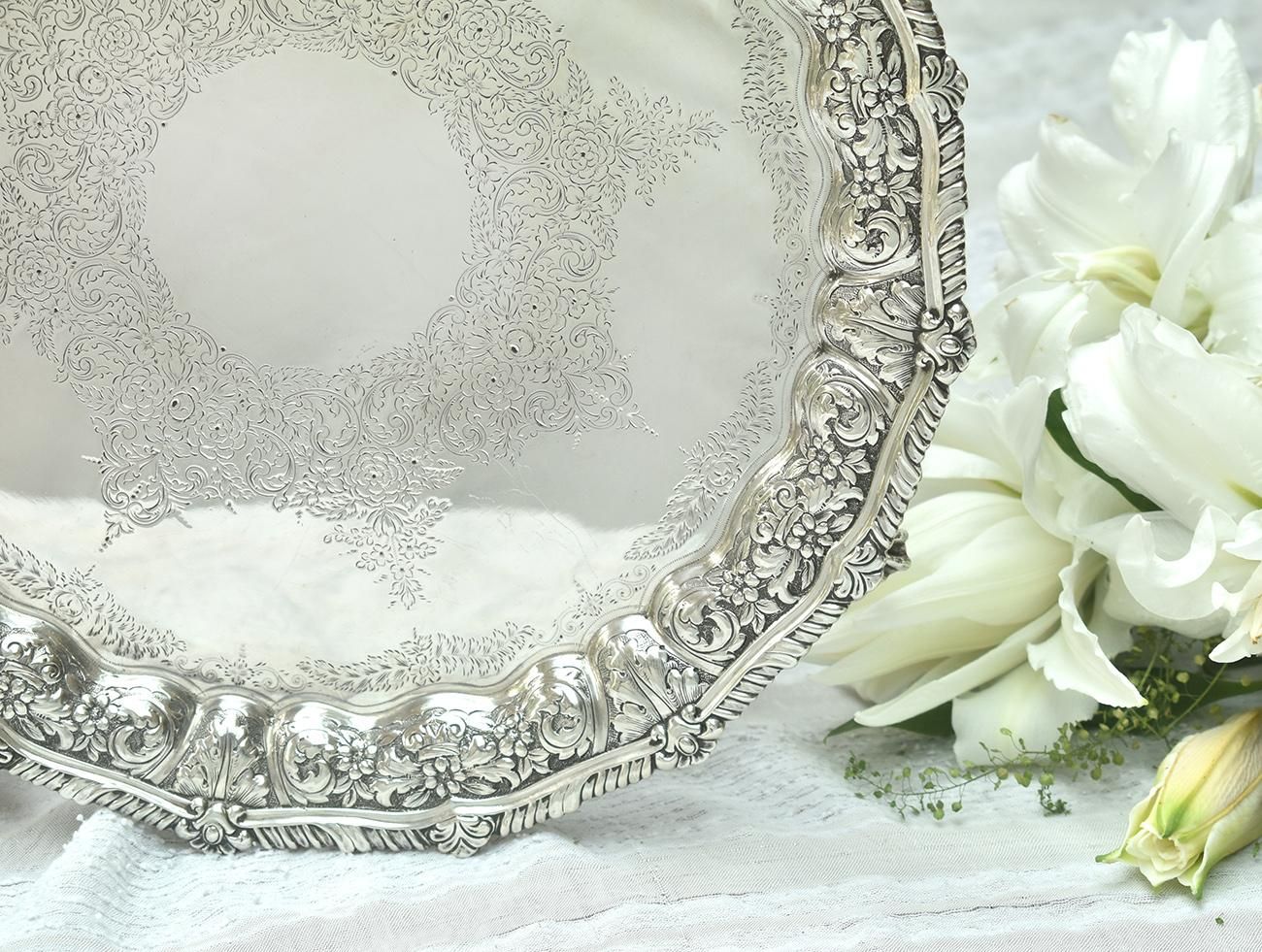 英国アンティーク銀器【純銀】サルヴァ 33cm 907g - Edwardian Dreams