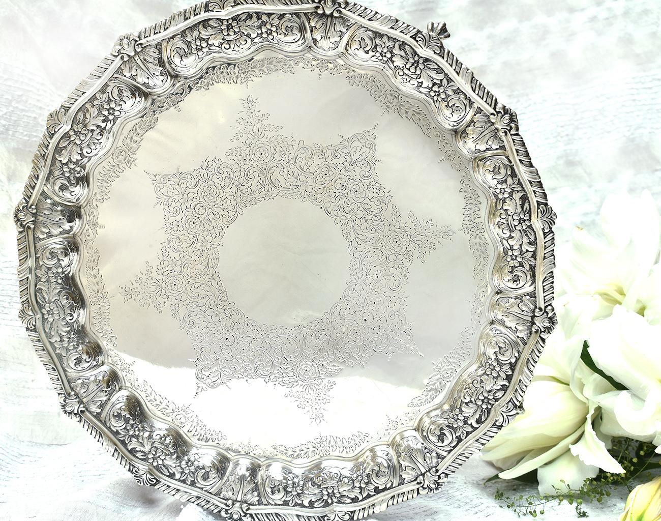 お値下げ！1895年イギリスアンティーク　純銀　スターリングシルバーサルヴァ猫足 お値下げ！1895年イギリスアンティーク 純銀 スターリングシルバー