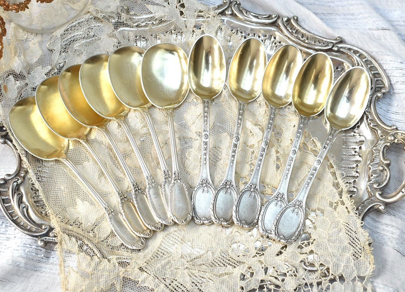 仏アンティーク銀器【銀950】リボンのティースプーン5本 Andre Arcoc