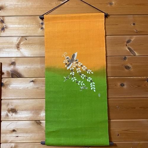 筒描き　縁起物柄　170×156　緑色　明治、大正　古布　タペストリー　　　2 手染め麻タペストリー「万寿菊」 [京都洛柿庵オンラインショップ]