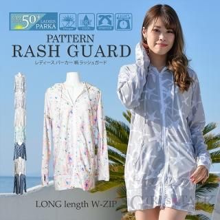 ラッシュガード 総柄 ロングパーカー リーフ レディース 長袖 おしゃれ 水着 体型カバー 大きいサイズ UVカット フード スポーツ アウトドア プール 海 送料無料
