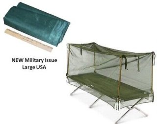 米軍キャンプ用蚊帳　折り畳みベット用　実物新品　木製ポール４本付き