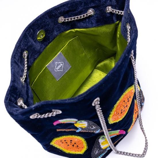 Ninabags ブラジル野鳥柄ベルベットトートバッグ 定番】ブラジル野鳥柄バケツ型トート （ベルベット/スモール