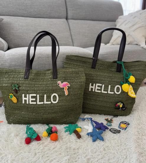 【最終価格】NINA BAGS ラフィアバッグ　HELLO レギュラー NINA BAGS]ラフィアバックHELLOロゴ入りレギュラーサイズ