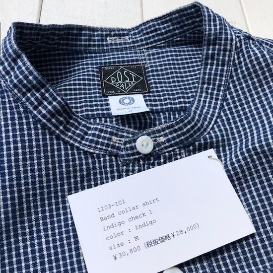 POST O'ALLS”Band Collar Shirt”indigo check 1- SECOURS POST O'ALLS”Band Collar Shirt”indigo check 1- SECOURS