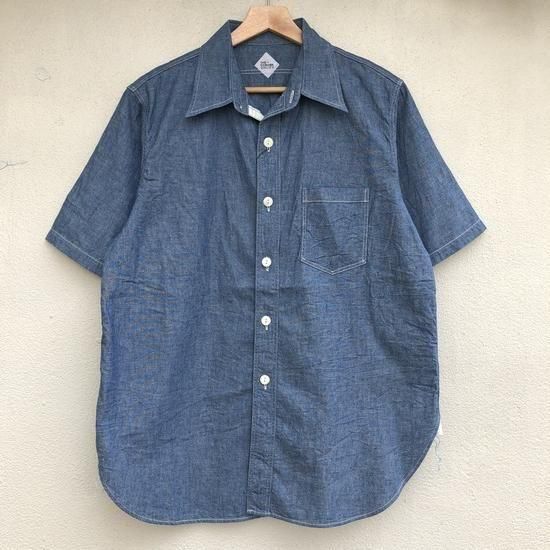 CORONA NAVY 1POCKET SHORT SLEEVE SHIRT COTTON CHAMBRAY BLUE