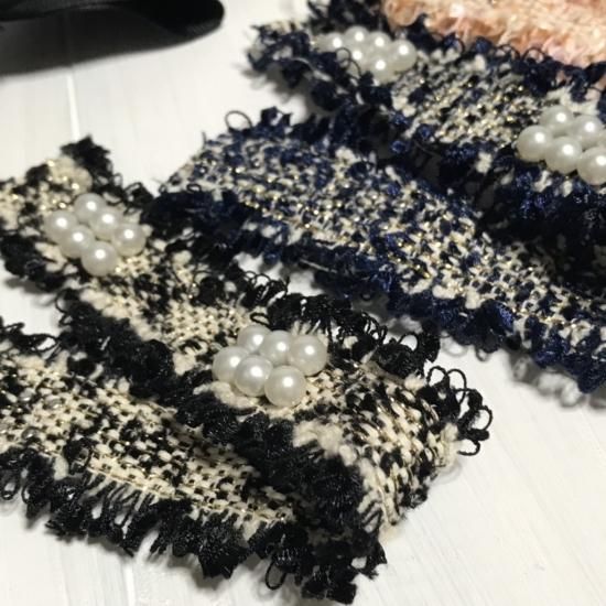 ツイード】リボン 約25mm幅 パール付き 20cmカット - りぼんのお店