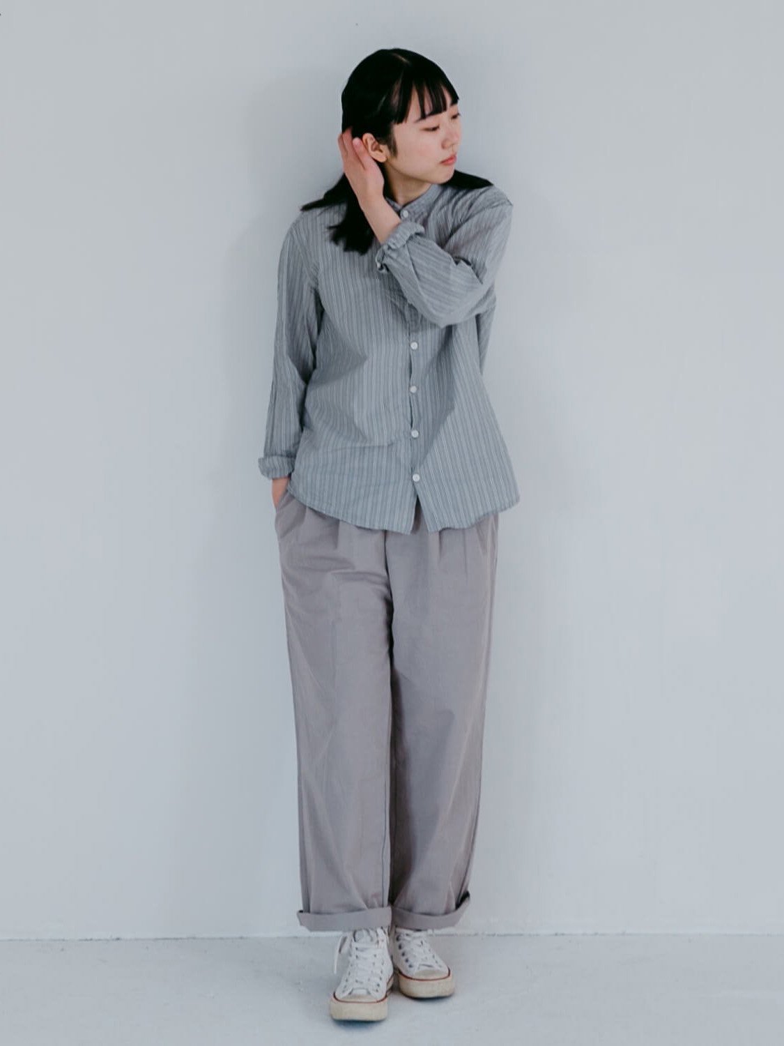Atelier shirts relax stand collar Gray stripe