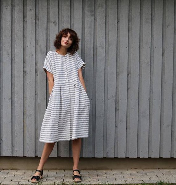 OffOn | short sleeve linen dress (grey stripe) | ワンピース | 着丈95cm