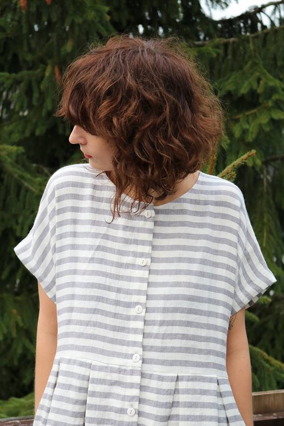 OffOn | short sleeve linen dress (grey stripe) | ワンピース | 着丈90cm