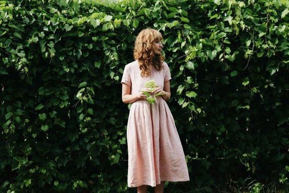 Offon Short Sleeve Linen Dress Dusty Rose ワンピース 着丈90cm