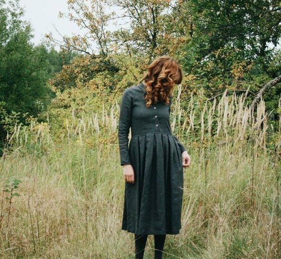 Offon Long Sleeve Linen Dress Charcoal Grey ワンピース 着丈95cm Offon Long Sleeve Linen Dress Charcoal Grey ワンピース 着丈95cm