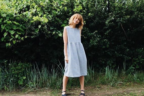 Offon Sleevless Linen Dress Blue Stripe ワンピース 着丈90cm