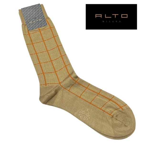 ALTO ( アルト ) ソックス ベージュ×オレンジ チェック柄 格子柄 クルー丈 靴下 イタリア製