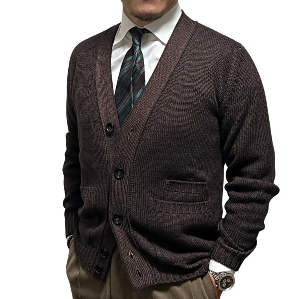 BAFY ( バフィー ) カーディガン ブラウン リブ編み ストーンウォッシュ コインポケット 広幅前たて ウール100％ 秋冬 イタリア製 メンズ
