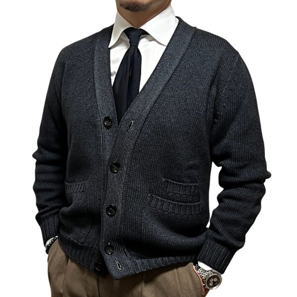 BAFY ( バフィー ) カーディガン ブラック リブ編み ストーンウォッシュ コインポケット 広幅前たて ウール100％ 秋冬 イタリア製 メンズ