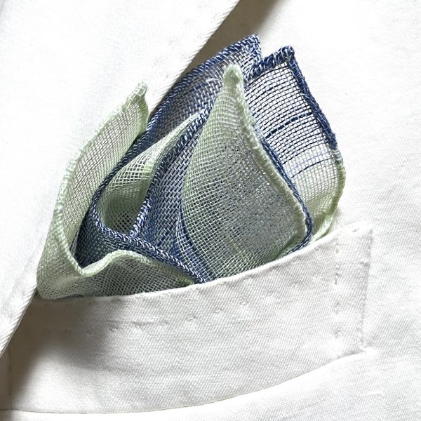 MUNGAI ( ムンガイ ) ポケットチーフ グリーン エスニックストライプ メッシュリネン リネン イタリア製