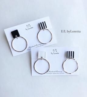 (2)2way Asymmetry stripe square hoop pierce/earring