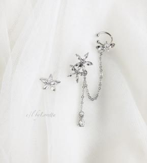 Crystal flower chain pierce ear cuff