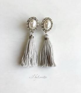 Oval pearl stitch  tassel pierce/earring(Ash Green)  [cc]