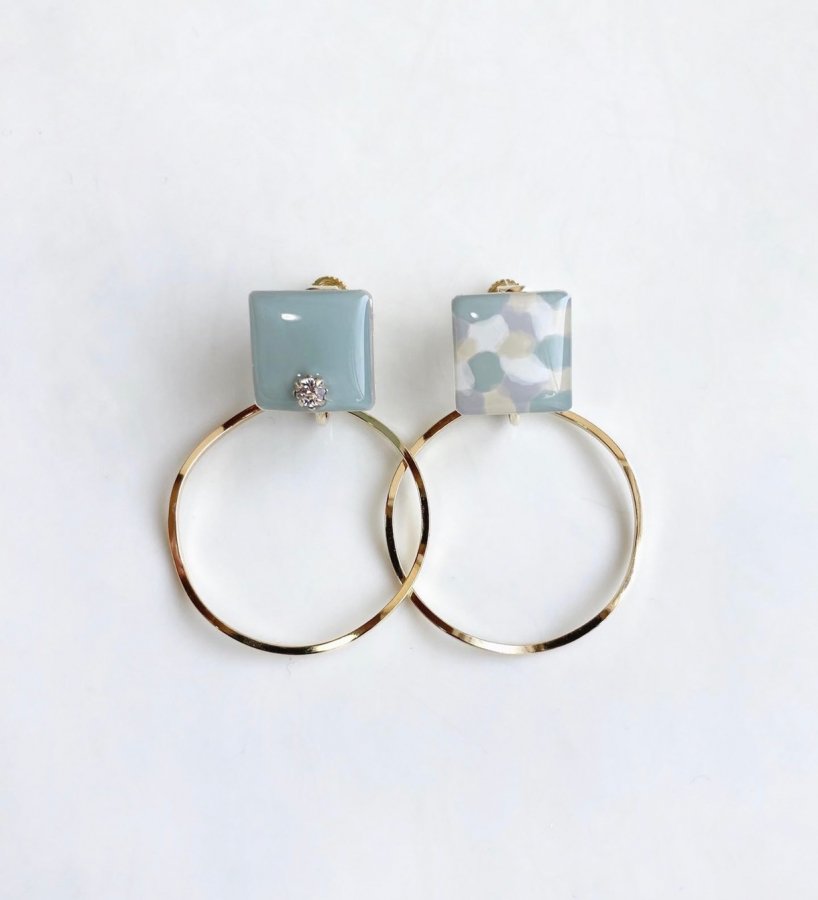 全4色)2way Asymmetry art square hoop pierce/earring(Mint Mix) [cc