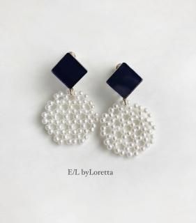 Color square  circle pierce/earring(Navy) [cc]