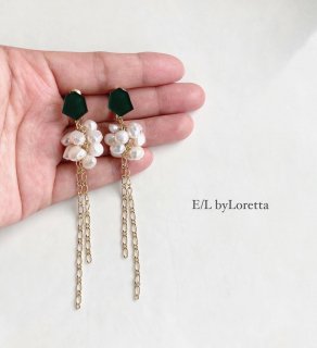 Mini KAKERA øѡ chain tassel pierce/earring(Dark Green) [cc]