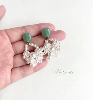 Color stone pearl bubble hoop pierce/earring(Green)