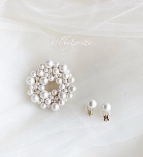 Cotton pearl volume circle brooch & pierce/earring SET