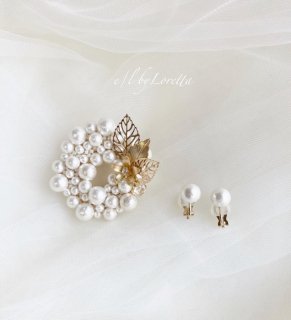 Leaf flower × quartz cotton pearl circle brooch & pierce/earring SET