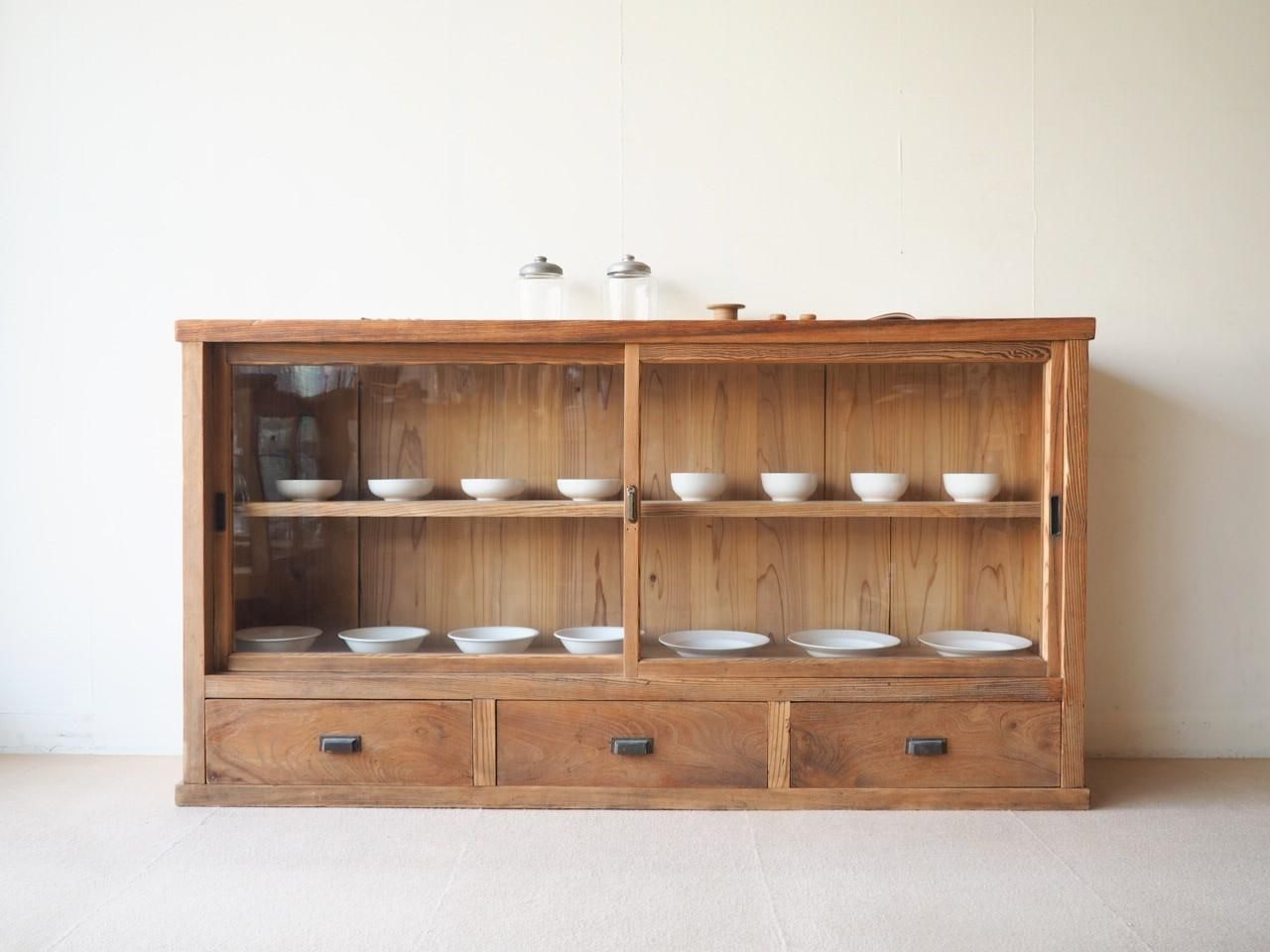 ガラス戸棚　引き出し　4杯　ゆらゆらガラス　古道具　アンティーク ガラス戸棚 引き出し 4杯 ゆらゆらガラス 古道具 アンティーク