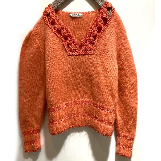 フランスヴィンテージ ＊お花刺繍オレンジモヘアニット