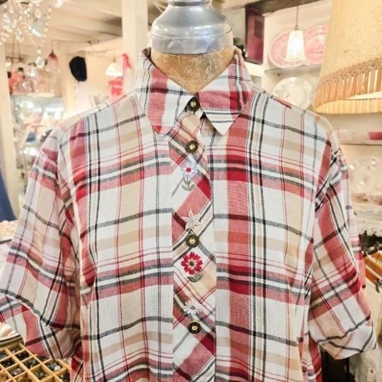 Perry 刺繍入り チェック柄 カントリー シャツ チロル レディース M位 ヨーロッパ 古着 VINTAGE Perry 刺繍入り チェック柄 カントリー シャツ チロル