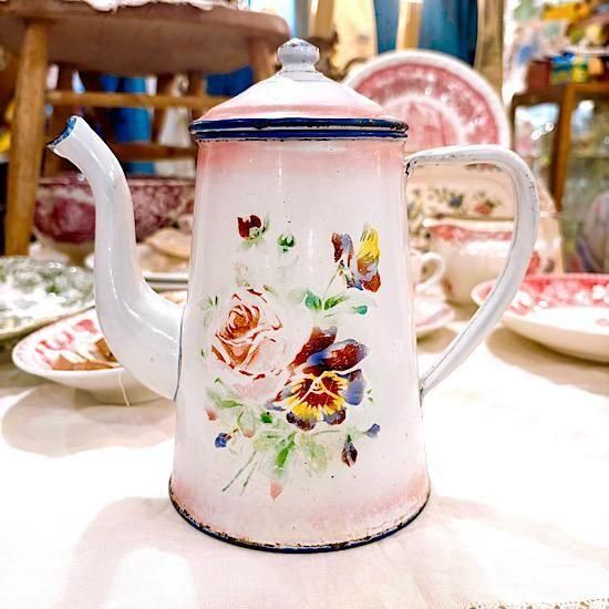 フランスアンティーク　ホーロー　ポット　花柄 ホーロー 花柄 ポット フランスアンティーク