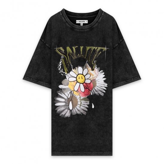 SALUTE WASHED FLOWER VINTAGE T-SHIRT S 黒