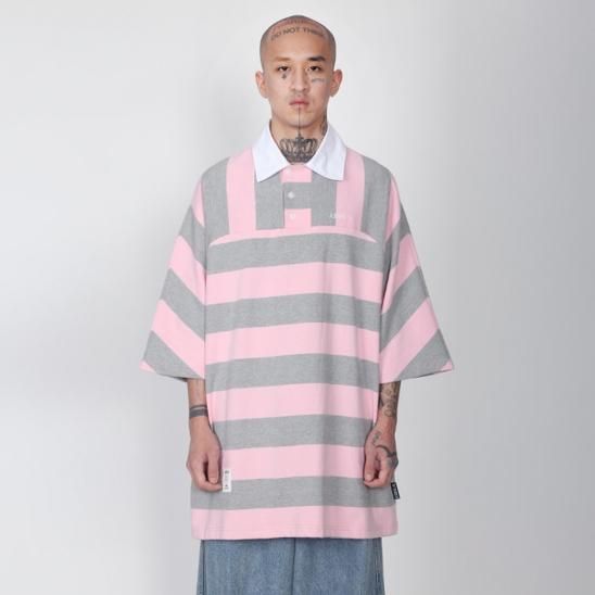 AJOBYAJO | STRIPE OVERSIZED POLO SHIRT / PINK