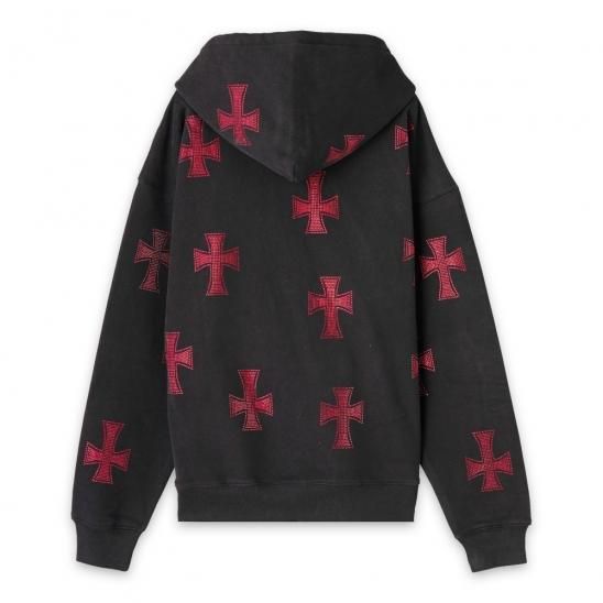 UNKNOWN | CROSS RHINESTONE ZIP UP HOODIE / BLACK X RED