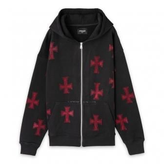 UNKNOWN | CROSS RHINESTONE ZIP UP HOODIE / BLACK X RED