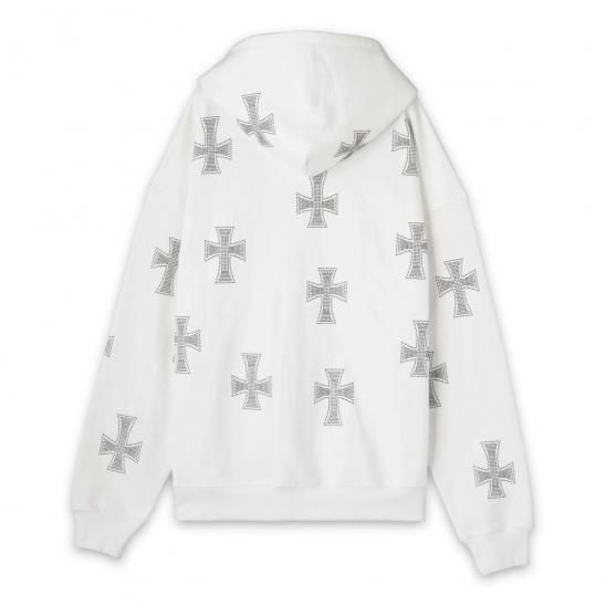 UNKNOWN | CROSS RHINESTONE ZIP UP HOODIE / WHITE