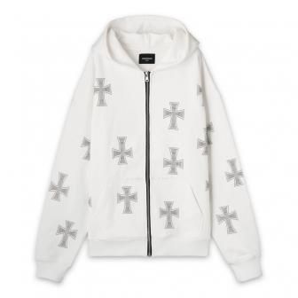 UNKNOWN | CROSS RHINESTONE ZIP UP HOODIE / WHITE